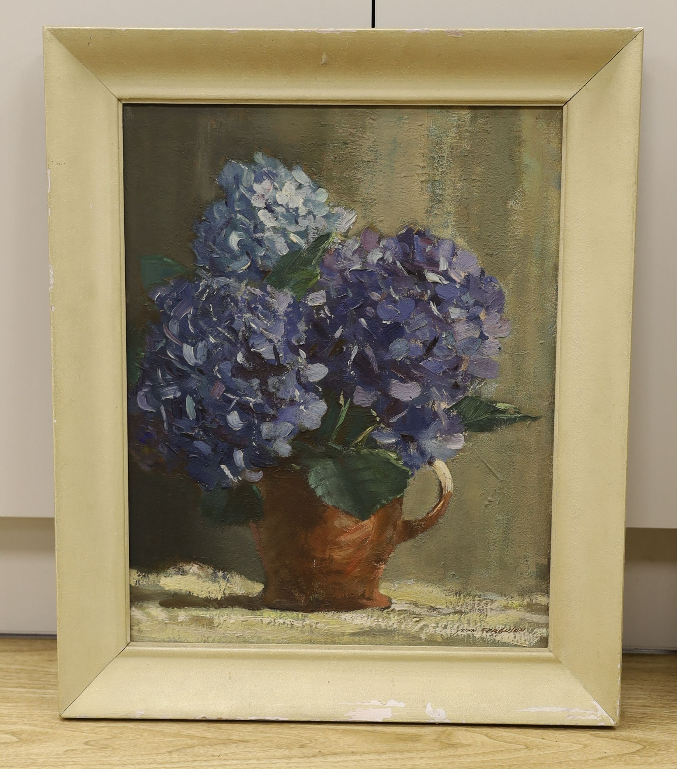 John Kenneth Ferguson (South African, 1885-1967), oil on canvas, Still life of hydrangea in a pottery jug, signed, 50 x 40cm